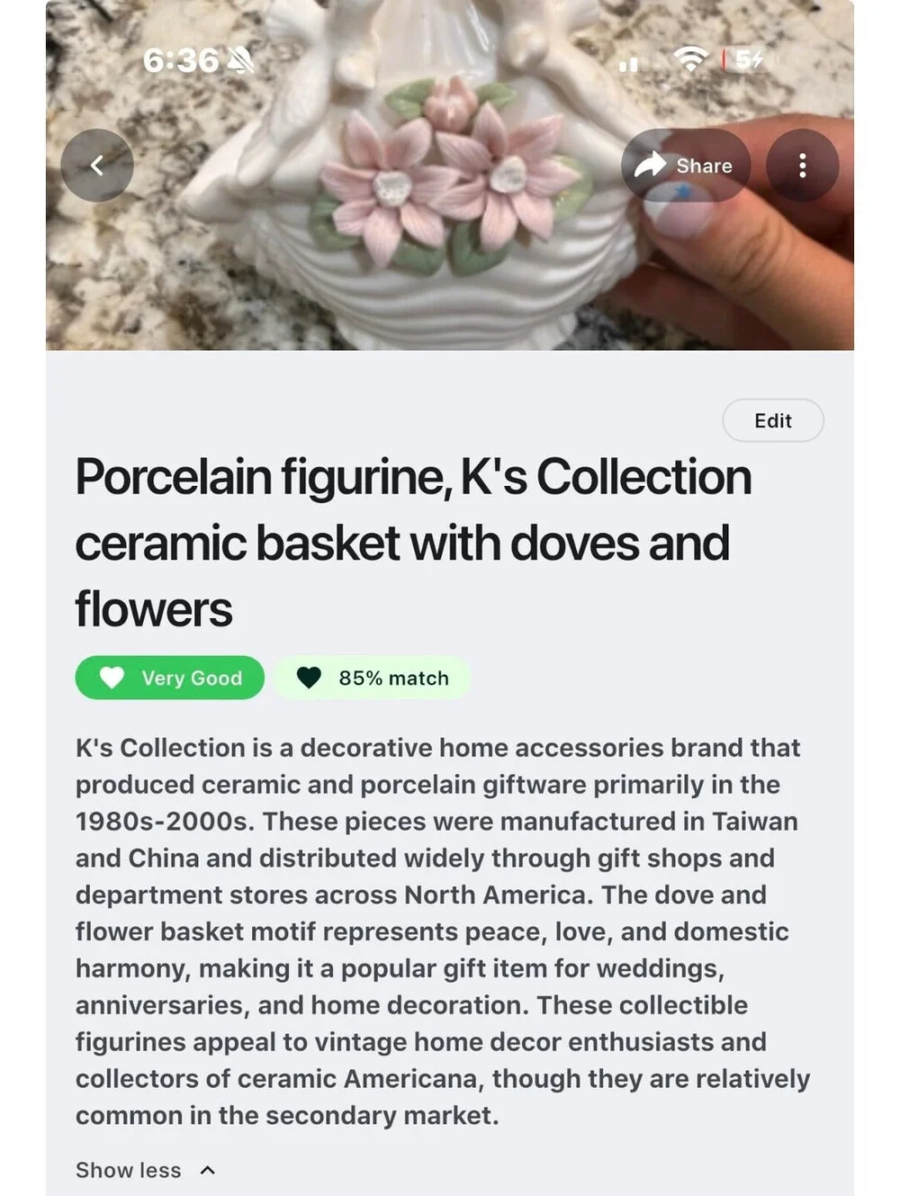 Porcelain Figurine Ceramic Basket with Doves and Flowers by K's Collection